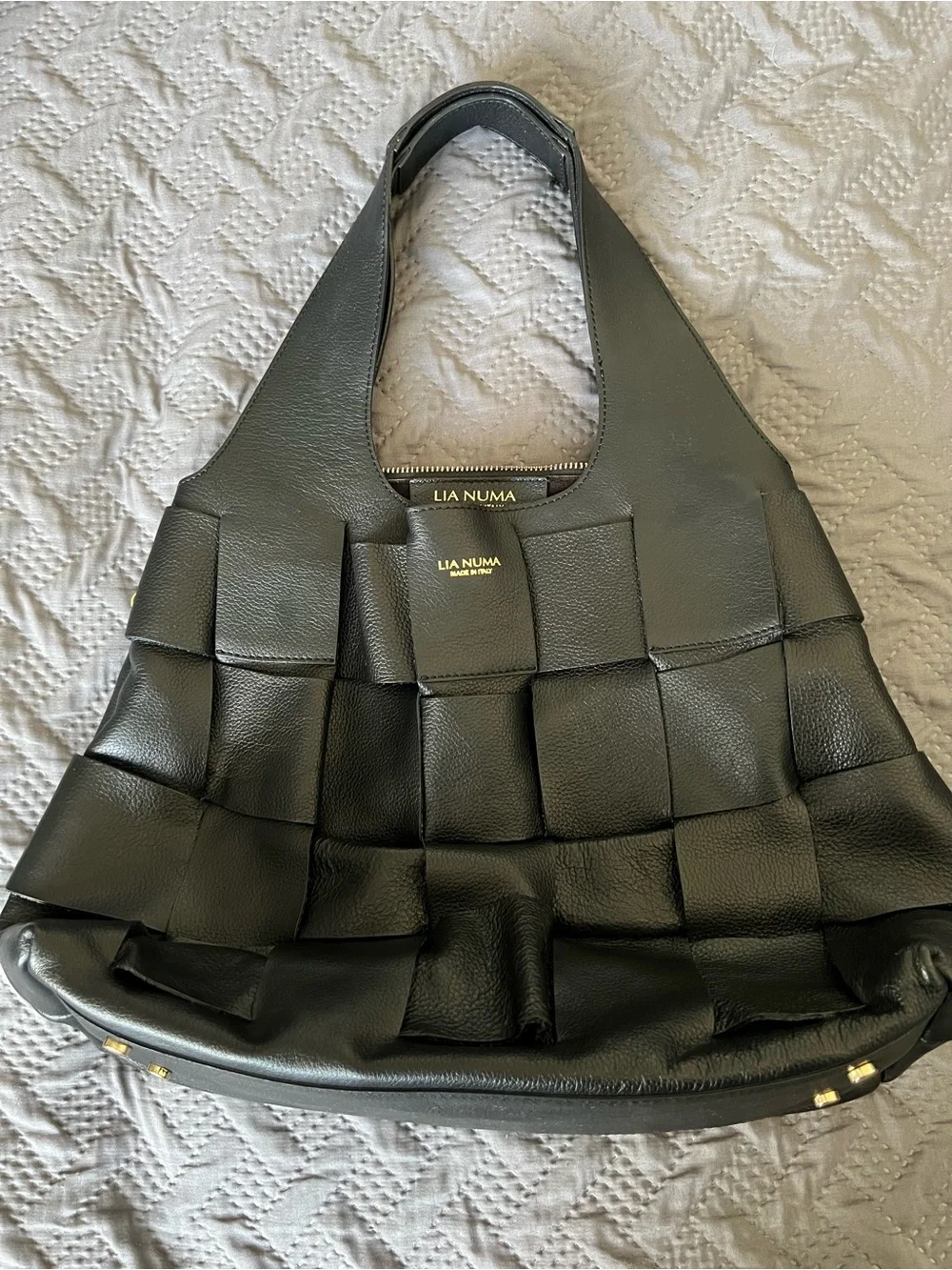 Lia Numa Black Woven Leather Shoulder Tote